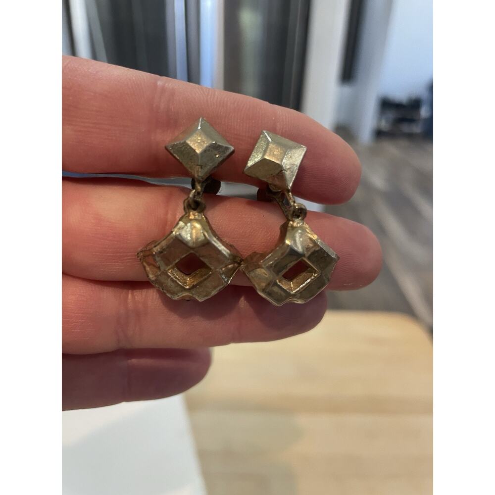 Antique Bold Art Deco Gold Tone Screw On Earrings Diamond Within A Diamond Vtg